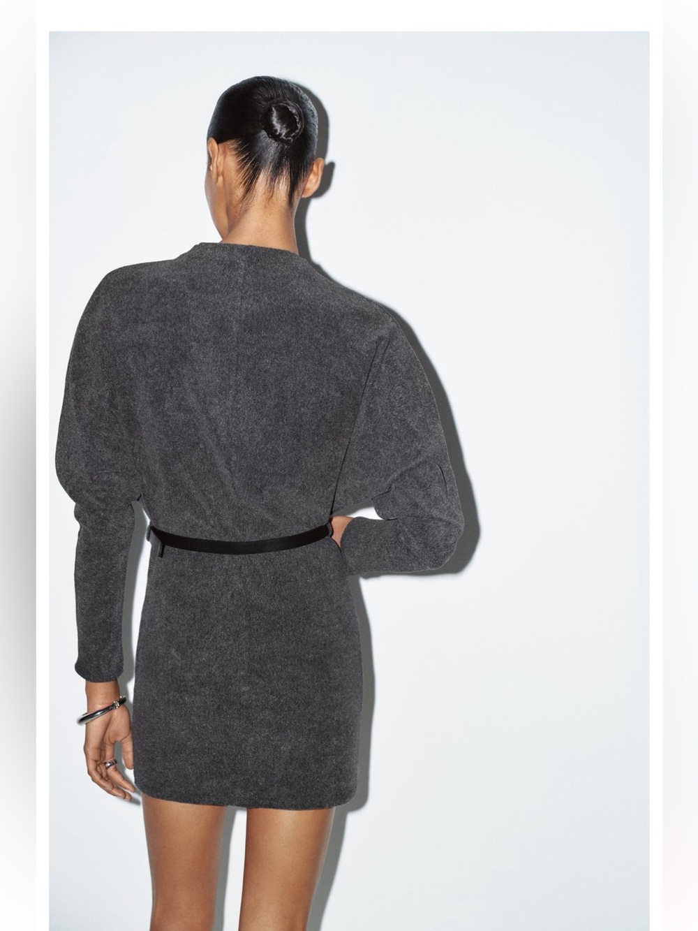 Zara Charcoal Gray Long-Sleeve Mini Dress with Slim Belt - Picture 3 of 8